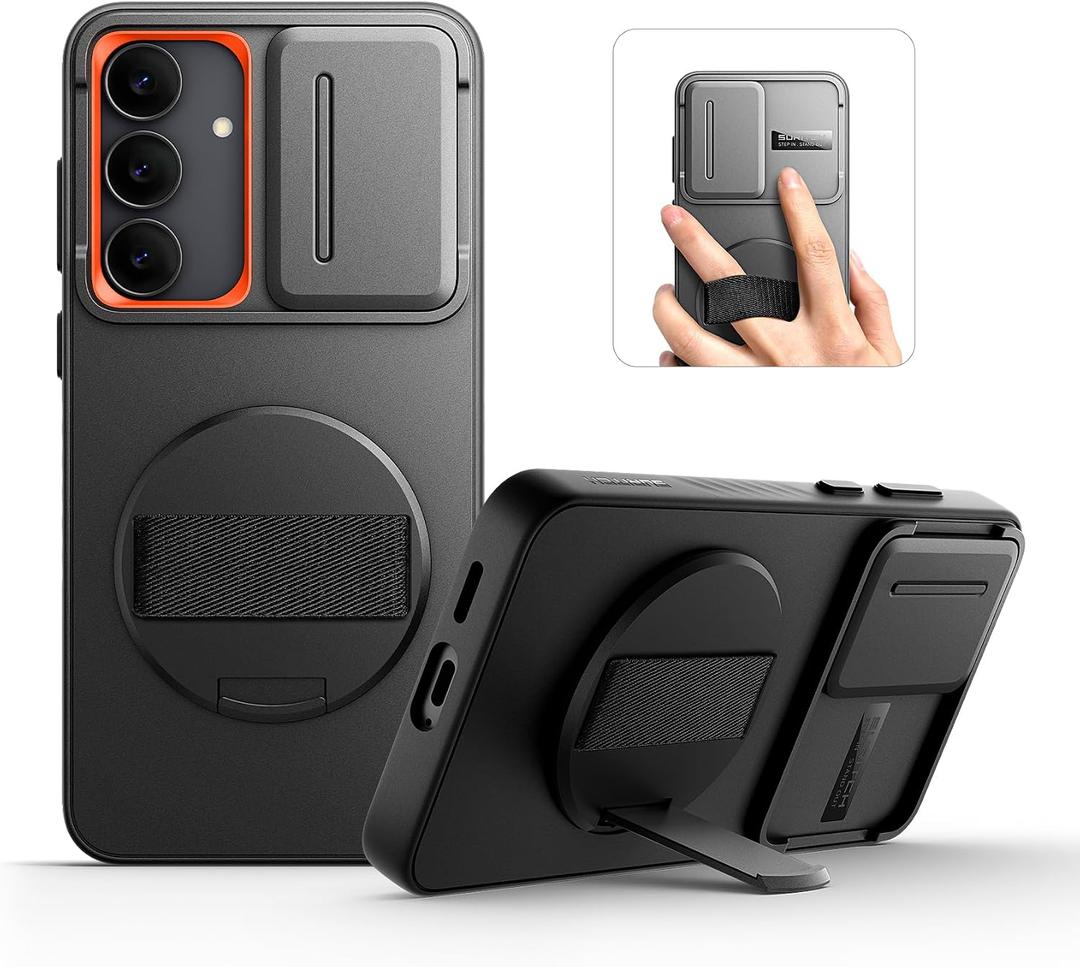 SURITCH for Samsung Galaxy S25 FE Case with 360 Rotatable Hand Strap Phone Grip & Invisible Kickstand & Slide Camera Cover, Rugged Shockproof Protective Cover for S25 FE -Black