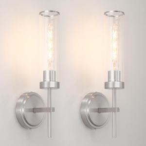 Wall Sconces Set of 2, Brushed Nickel Sconces Wall Lighting, Modern Bathroom Vanity Light Fixtures with Clear Glass, Bathroom Sconces Wall Mount Lights for Living Room Bedroom Hallway, Hardwired