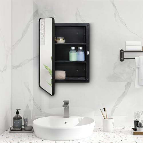 Fundin Plastic Black Medicine Cabinet, Mirror Door with Round Corner Metal Frame, Recessed and Surface Mount Bathroom Medicine Cabinet, 16 x 22 inch Mirror Size