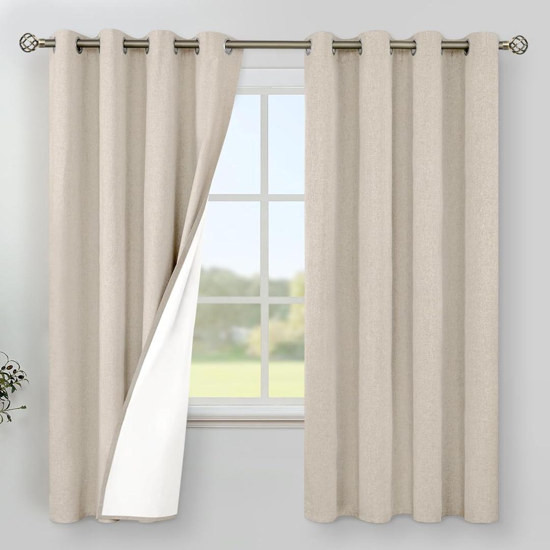 YoungsTex Oatmeal Linen 100% Blackout Curtains 63 Inch Length for Bedroom, Thermal Insulated Winter Drapes with Grommet Room Darkening for Living Room Windows, 2 Panels, 52 X 63 Inch