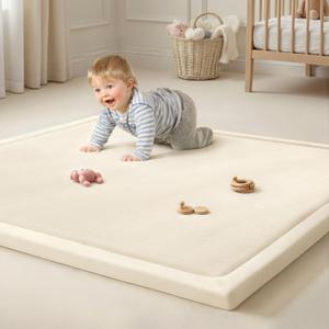 Goyuu Ultra Soft 1.3" Thick Baby Play Mat for Floor, 79x158 Playpen Mat Elasti-Foam Padded Crawling Mat for Babies, Toddlers, Infant, Kids, Non-Slip Backing Safe for Tummy Time, Beige