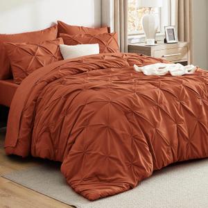 Bedsure King Size Comforter Set Burnt Orange - Bed in a Bag King Size 7 Pieces, GentleSoft Pintuck Bed Set Gift for Family, Pinch Pleat Burnt Orange Comforter with Sheets, Pillowcases & Shams