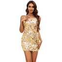 Waist Wow Sequin Dress for Women Spaghetti Strap Sexy Dresses Glitter Sparkly Mini Dress Gold L