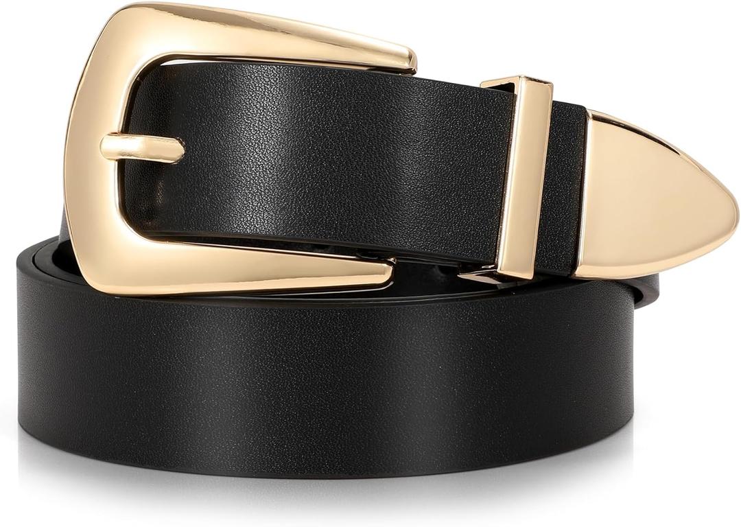 SUOSDEY Women's Leather Belts for Jeans Pants, Vintage Western Belt with Gold/Silver Buckle (Fit waist from 45"-49", 01-black)