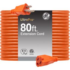 GE Outdoor Long Extension Cord, 80 Ft, Grounded Heavy Duty, 16AWG 3 Prong, ETL Listed, Orange (81703)