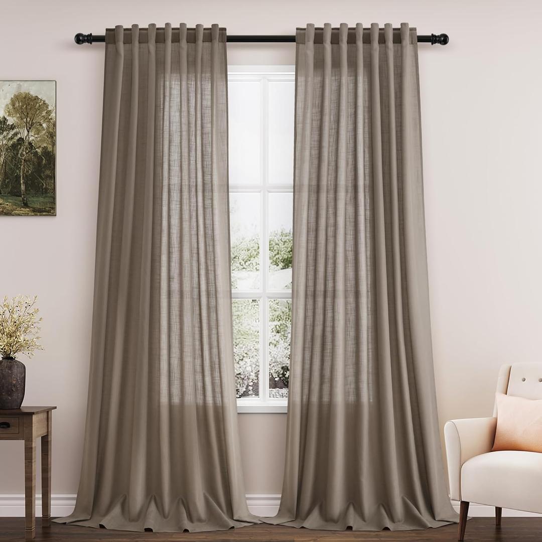 Nanspring Dark Taupe Linen Curtains for Living Room 2 Panels Set Extra Long Back Tab Light Filtering Semi Sheer Curtain Drapes for Bedroom Neutral Farmhouse Ceiling to Floor for Large Window 52x100