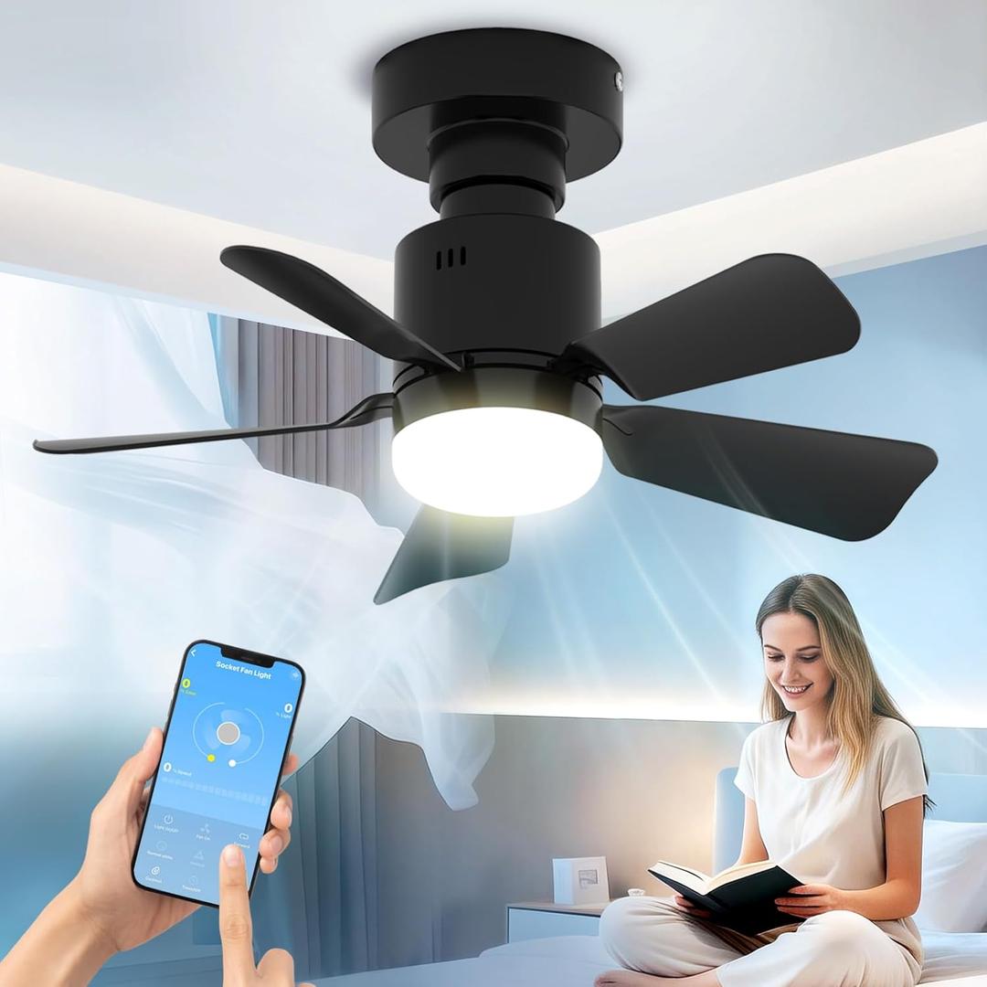 LANMEL Socket Fan Light with Remote & APP, 17.7'' Socket Ceiling Fan with Socket Extender, 3 Colors LED Light Bulb, Screw in Small Ceiling Fan for Indoor Outdoor