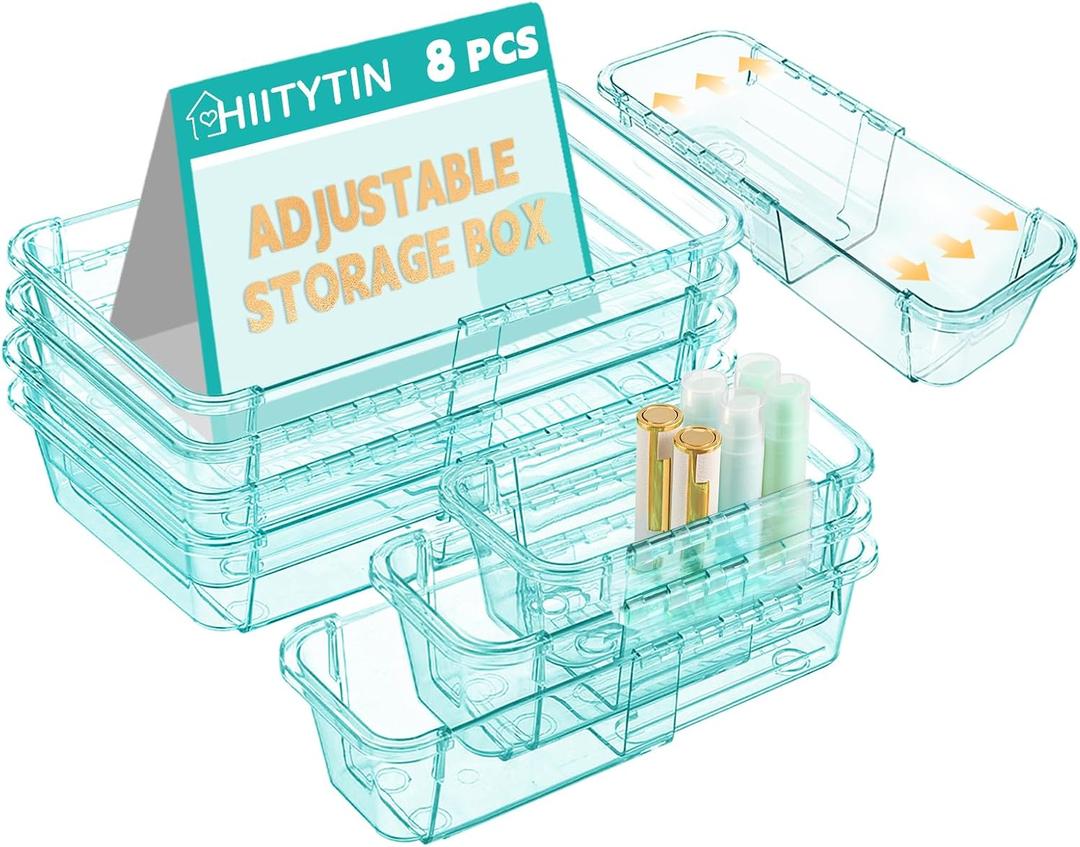8 Pcs Mixed Extendable Clear Drawer Organizer, All Adjustable Vanity Storage Box, 4-Size Desk Drawer Organizer, Acrylic Storage Bins for Makeup, Bedroom Dressers Tool Organizer for Gadgets, Blue