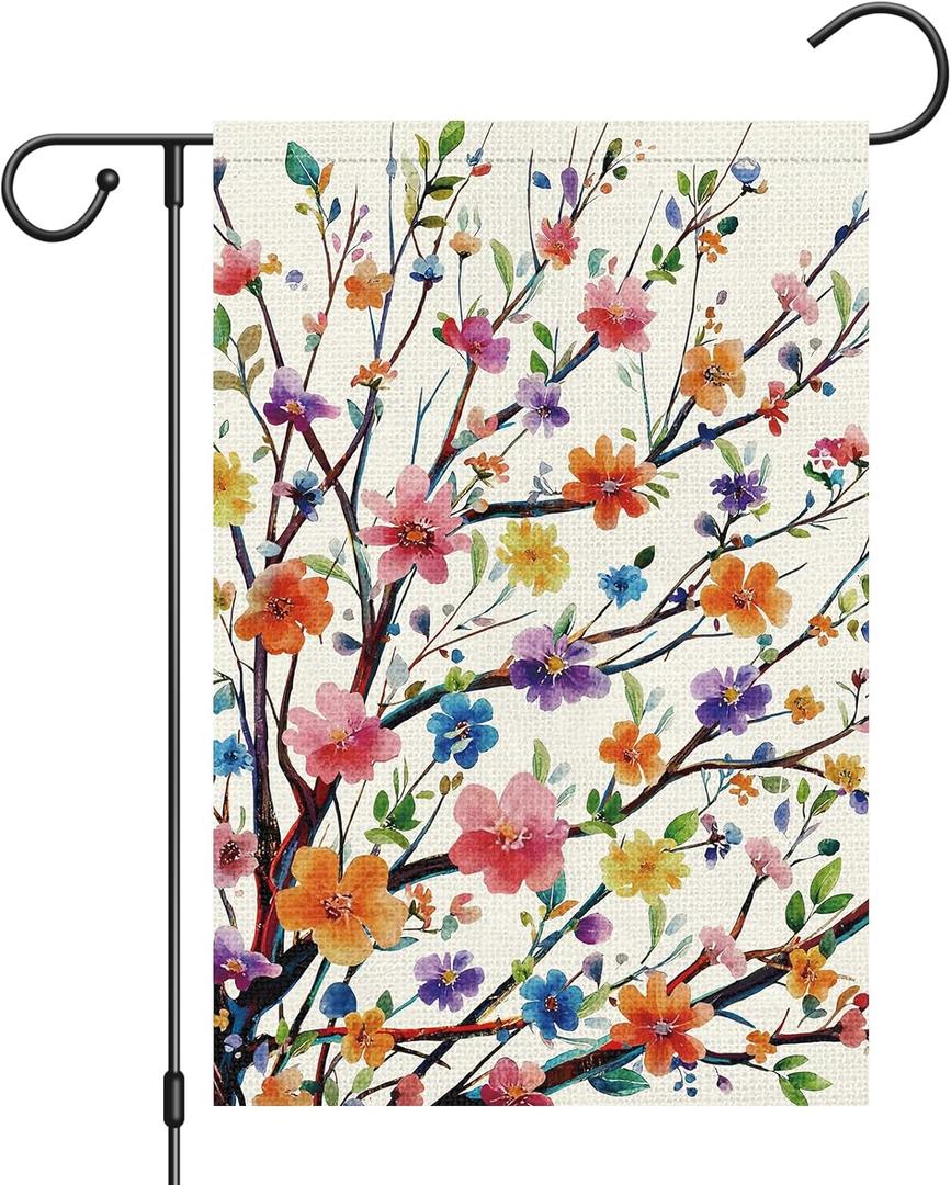 2 x Heyfibro Spring Summer Garden Flag 12x18 Double Sided Burlap, Colorful Flower Tree & Floral Yard Banner for Rustic Seasonal Outside Outdoor Decoration (ONLY FLAG)