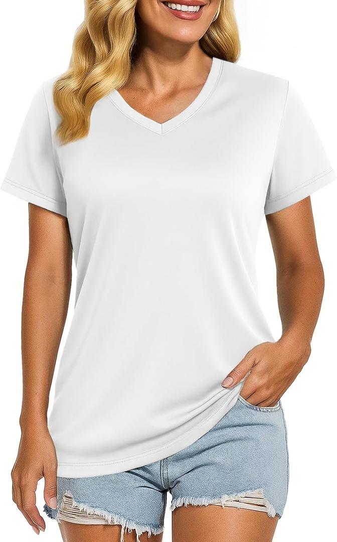 Boladeci Women's Swim Shirts - UPF 50+ Sun Protection Short Sleeve V Neck T-Shirts Workout Tops (White, M)