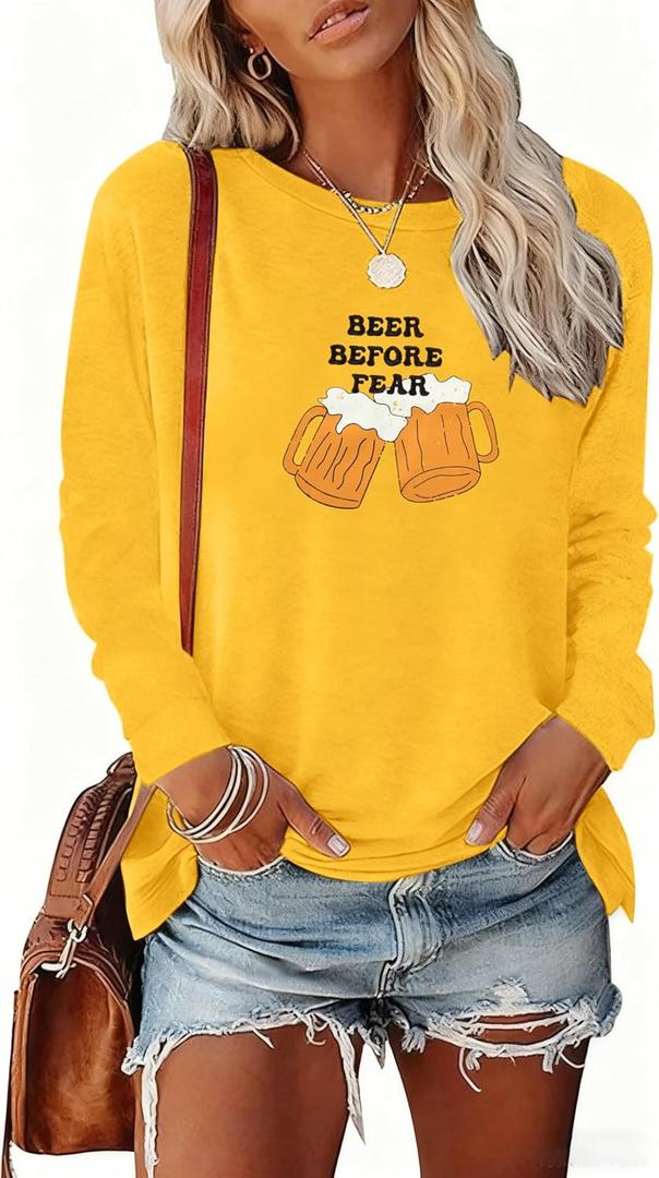 Oktoberfest Shirt Women German Bavarian Festival Tees Beer Drinking Long Sleeve Shirt (Yellow, L)