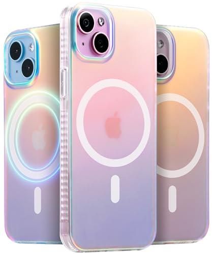 LONLI Hue - Magnetic Case for iPhone 15 - [Compatible with Magsafe] - [360° Shock-Absorbent Bumper] - [Cute and Unique Phone Cover for Girls and Women] - Fluorescent Holographic Iridescent