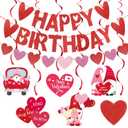 Red Glitter Happy Birthday Valentines Banner and Valentines Heart Garland Valentines Hanging Swirls Valentines Day Birthday Banner for Valentines Day Birthday Party Decorations