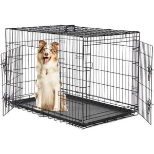 Sweetcrispy 42 Inch Dog Crate, Medium Large Crates Double Door Folding Metal Wire Dog Cage with Plastic Leak-Proof Pan Tray, Pet Kennel for Indoor, Outdoor, Travel