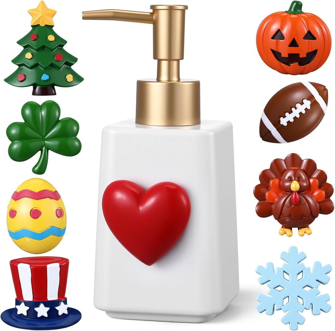 Gejoy Valentine's Day Seasonal Soap Dispenser Magnetic Interchangeable Set - Ceramic Hand Soap Dispenser with 9 Seasonal Resin Ornaments & Magnetic Pads - Festive Bathroom & Kitchen Dec(Gold)