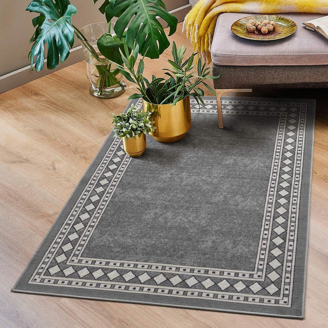 Antep Rugs Alfombras Modern Bordered 2x4 Non-Skid (Non-Slip) Low Profile Pile Rubber Backing Kitchen Area Rugs (Gray, 2'3" x 4') (Grey)