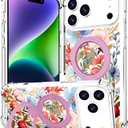 for iPhone 17 Pro Case Magnetic Clear Design,Compatible with MagSafe,Kickstand Vertical/Horizontal,Shockproof Airbag Bumpers Phone Cover - Red Rose Peony Floral