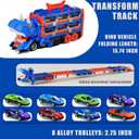 Dinosaur Track Cars Toys for Boys, Transforms into Dino Truck with 8 Die-Cas Cars, Transporter Truck Toys, Race Track for Toddlers 3-5, Kids Birthday Gifts 3 4 5 6 Years Old (Blue)
