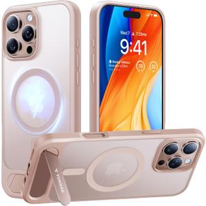 TORRAS Strong Magnetic & Seamless Stand for iPhone 16 Pro Case, Fit for MagSafe, 4X Military Grade Drop Tested Kickstand Protective Phone Case for iPhone 16 Pro 6.3", Desert Titanium, Rose Pink Gold