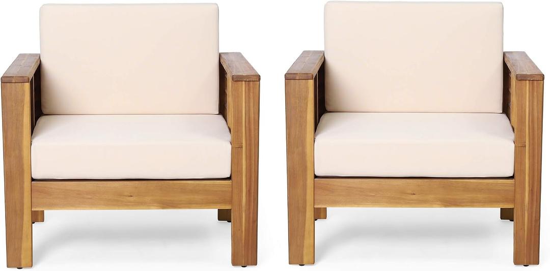 Christopher Knight Home Louver Club Chairs, Teak + Cream, 32.00 inches W x 27.75 inches D x 27.75 inches H