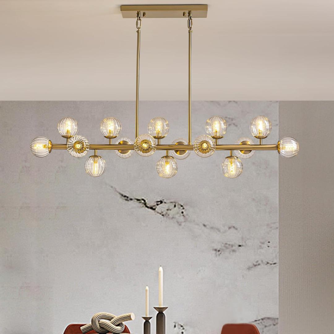 MOOONIHCE 16 Lights Rectangle Chandelier, Mid Century Globe Chandeliers with Clear Glass Shades, Gold Linear Pendant Ceiling Light Fixture for Dining Room Kitchen Island, Living Room