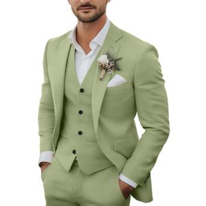 Men's 3 Piece Linen Suits Casual Lightweight Blazer Jackets Vest Pants Set for Wedding Business Prom Suit (Light green, Large)