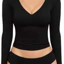 MANGOPOP Women's V Neck Long Sleeve Fitted T-Shirt XL