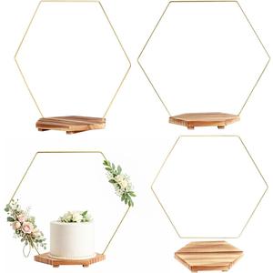 4 Pack Hexagon Floral Hoops with Wooden Stand, 12 Inch Metal Rings for Wedding Centerpiece Table Decorations Crafts Wreath Wedding Birthday Party Candle Rings, DIY Floral Displays (gold)