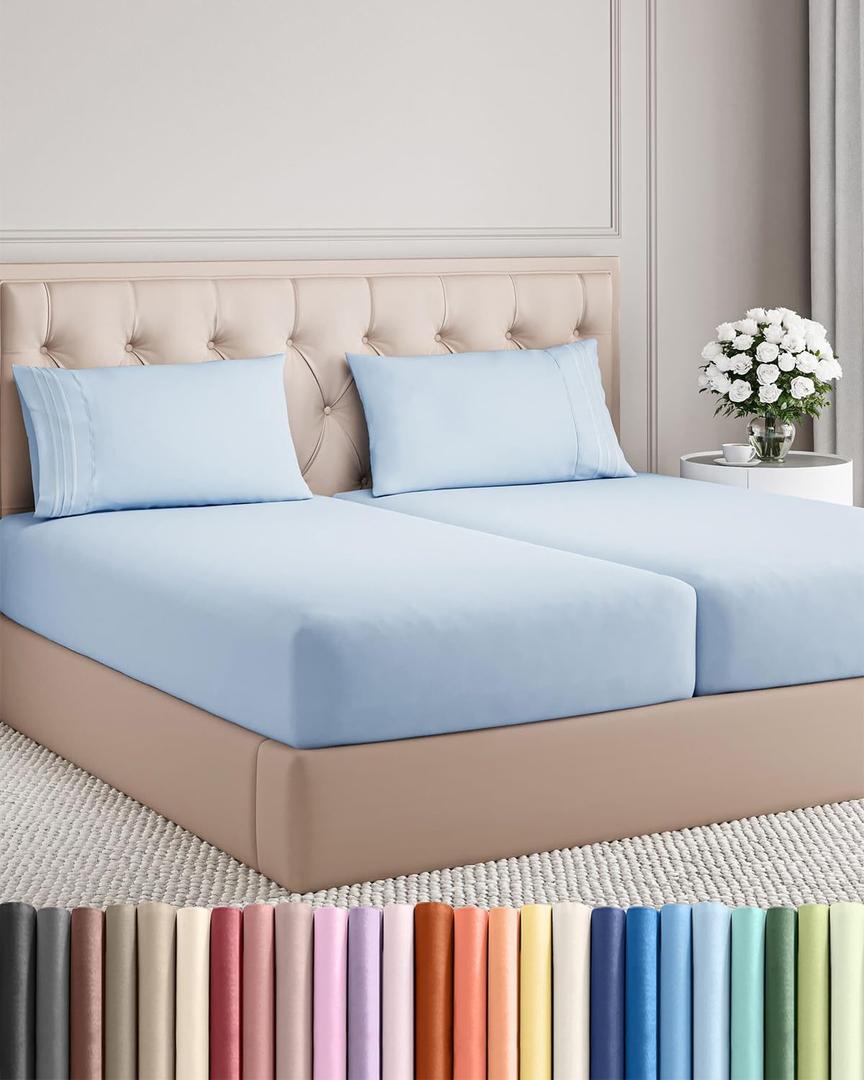 Split King Size 5 Piece Sheet Set - Comfy Breathable & Cooling Sheets - Hotel Luxury Bed Sheets for Women & Men - Deep Pockets, Easy-Fit, Soft & Wrinkle Free Sheets - Sky Blue Oeko-Tex Bed Sheet Set