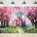 Riyidecor Princess Castle Backdrop Rainbow Pink Sakura Flowers Floral Fantasy Fairy Tale Wonderland 7Wx5H Feet Photography Background Birthday Wedding Party Photo Studio Shoot Polyester Fabric