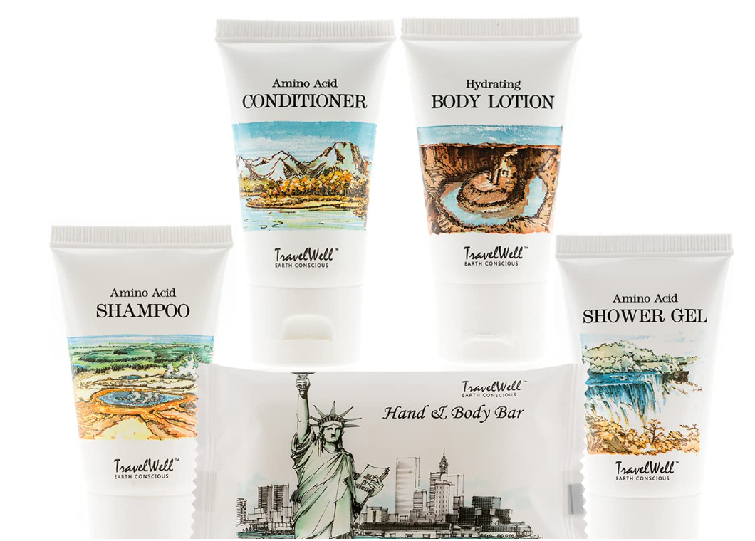Travelwell Landscape Series Hotel Toiletries Amenities Travel Size
25 Shampoo, 25 Conditioner, 25 Shower Gel, 25 Lotion, 25 Bar Soap