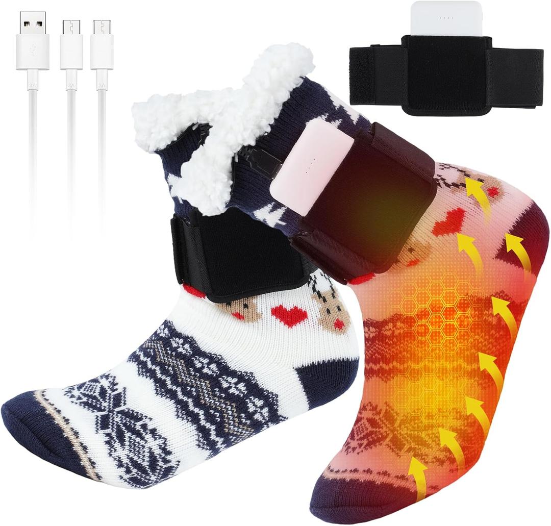 Rechargeable Heated Socks for Women Men, Christmas Socks Electric Heated Fuzzy Slipper Socks Women Winter Heating Socks Foot Warmer for Home Office Cold Feet Plantar Fasciitis Achilles Tendinitis