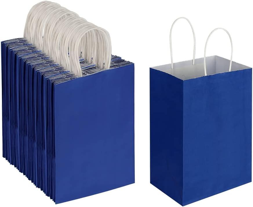 Oikss 100 Pack 5.25x3.25x8.25 Inch Small Royal Blue Kraft Paper Bags with Handles Bulk for Birthday Wedding Party Favors Grocery Retail Shopping Business Goody Craft Gift Bags Sacks (100pcs Count)