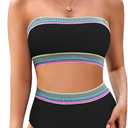 Pink Queen Tube Top Bikini Sets for Women Removable Strap Pad Color Block Two Piece Swimming Suit Swimwear, Size L