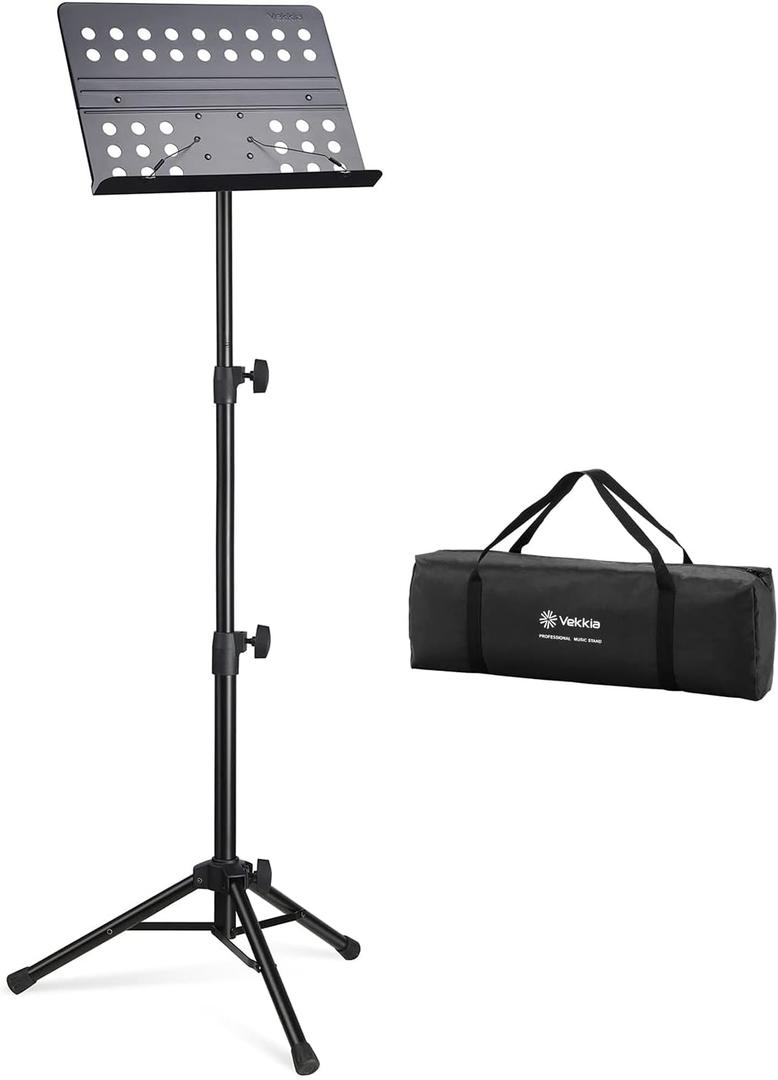 Vekkia 70 - inch Metal Professional Portable Perforated Sheet Music Stand - Folding Adjustable Holder, with Carrying Bag, Sturdy for Instrumental Performance, Band & Travel