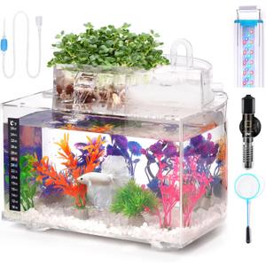Betta Fish Tank Kit, 2.5 Gallon Aquarium Self-Cleaning with LED Light, Filter, Heater, Decorations and Accessories - Ideal for Hydroponic Growing System and Aquaponics