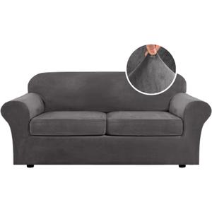 H.VERSAILTEX Real Velvet Plush 3 Piece Stretch Sofa Covers Couch Covers for 2 Cushion Couch Sofa Slipcovers Width Up to 90 Inch Feature Thick Soft Stay in Place (Large Sofa, Grey)