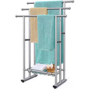 40" Tall Freestanding Towel Racks for Bathroom, 3 Tier Floor Towel Rack with Storage Basket, Blanket Ladder Drying and Display Rack for Large Bath & Hand Towel Outdoor Poolside (Silver) (Grey)