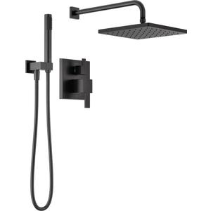 Delta Modern 14 Series Square Rain Shower System Faucet Set, Rainfall Matte Black Shower Head and Handle Set, Valve Trim Kit, 10 Inch, Matte Black 342701-BL
