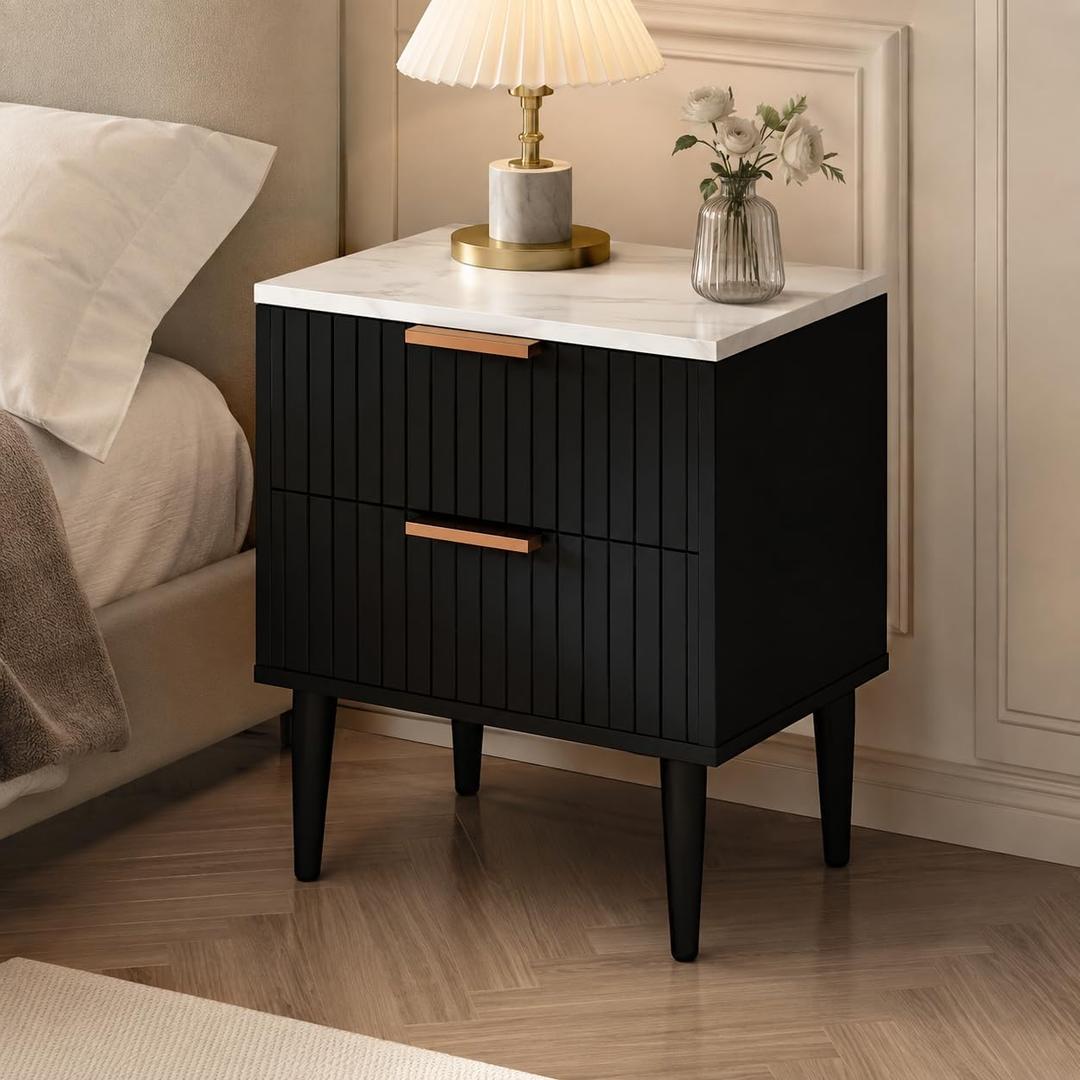 Black Nightstand with 2 Storage Drawers,15.6" W × 15.6" D × 19.3" H, Modern Bedside Cabinet with 3D Printed Marble Pattern and Metal Legs, MDF Side Table for Bedroom
