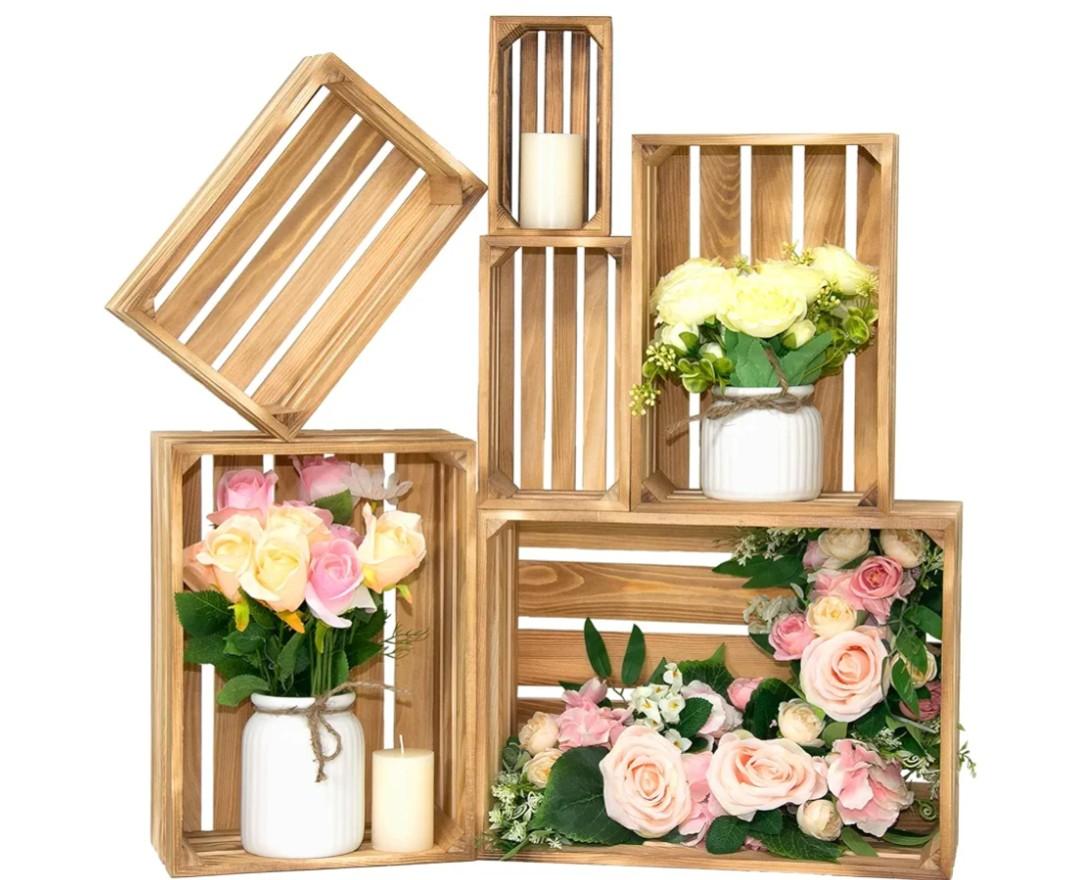 BOY MCOWBOY Wooden Crates for Display 6 Pack Large Rustic Nesting Wooden Basket with Handle, Decorative Farmhouse Wood Crate for Storage and Container, 6 Size Wood Basket Decor Boxes