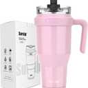 Sursip 40oz Insulated Tumbler with Handle and Flip Straw,Stainless Steel Travel Mug 2 in 1 Straw Lid-Leak Proof Keeps Drinks Cold for 24 Hours-Sweat Proof,Fit in Cup Holder-Pink