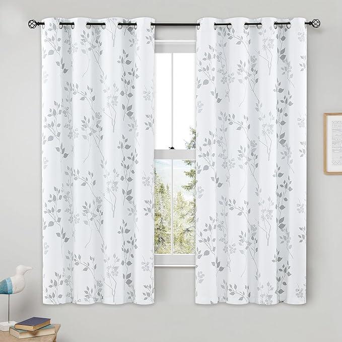 Beauoop Floral 100% Blackout Curtains 2 Panels for Bedroom Living Room Grey White Flower Patterned Room Darkening Thermal Insulated Soundproof Grommet Window Treatments Drapes, 50X55 inches
