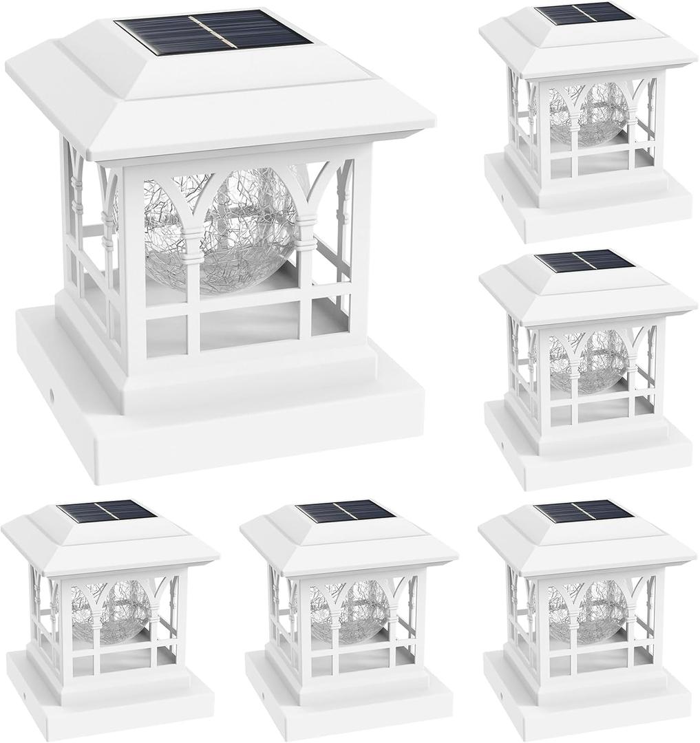 Fence Post Solar Lights, Crackle Glass Solar Post Cap Lights, 20 Lumens, Warm White & RGB Automatic Cycling 2 Modes for 3.6x3.6 4x4 4.5x4.5 5x5 Vinyl Wooden Posts Decoration, White (6 Pack)