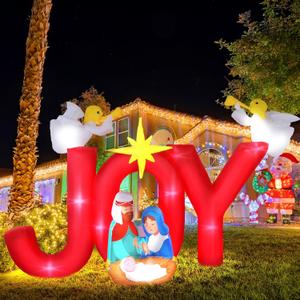 Lenwen 8 Ft Christmas Inflatables Joy Nativity Decoration Xmas Blow up Religious Scenes Yard Decor with Build-in LEDs for Christmas Outdoor Yard Garden Lawn Decor (Red)