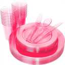 WDF 25 Guest Pink Plates with Pink Plastic Silverware&Pink Cups-Neon Clear Disposable Dinnerware include 50 Plates,25Forks, 25 Knives, 25 Spoons,25 Plastic Cups for Party and Baby Shower