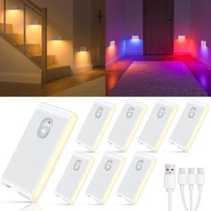 WILLED Motion Sensor Lights Indoor,RGB & Warm White Motion Sensor Night Light,Wireless Color Changing Stair Lights Indoor for Kids' Room,Stair,Bathroom,Hallway,Kitchen,Bedroom,Closet,Cabinet 8PC