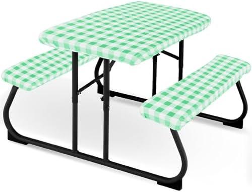 Moukeren 3 Pieces Picnic Table Cover for Kids with Bench Covers Fitted Tablecloth for Outdoors Vinyl Waterproof Cloth for Camping Home Goods Indoor Outdoor Patio BBQ(Green and White Plaid)