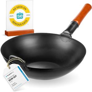 YOSUKATA 14" Carbon Steel Wok with Round Bottom – Pre-Seasoned Pow Wok for Stir Fry – Traditional Chinese Japanese Black Steel Pan – Outdoor Cookware for Gas Stovetops, Open Fire, BBQ, Camping
