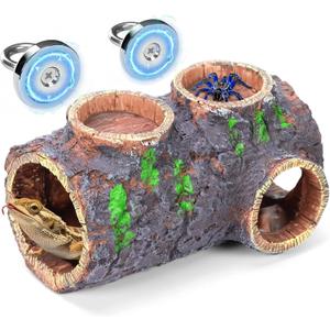 Magnetic Reptile Hideout Cave with Feeding Dish, Resin Hollow Log Habitat Decor for Bearded Dragons, Geckos, Lizards & Snakes - Durable Multi-Functional Tank Accessories (Medium, Grey)
